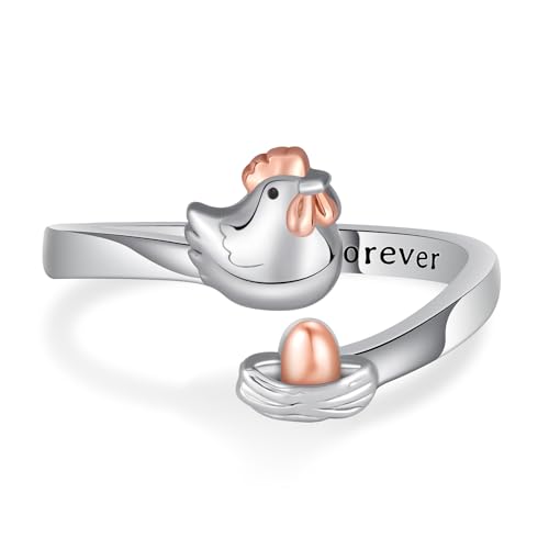 Chicken Ring 925 Sterling Silver Chicken Hen Egg Open Rings Chicken Lover Gifts for Women Animal Adjustable Ring Jewelry for Women