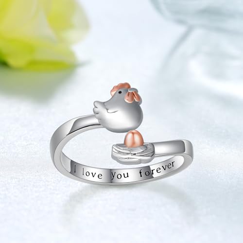 Chicken Ring 925 Sterling Silver Chicken Hen Egg Open Rings Chicken Lover Gifts for Women Animal Adjustable Ring Jewelry for Women - Image 3